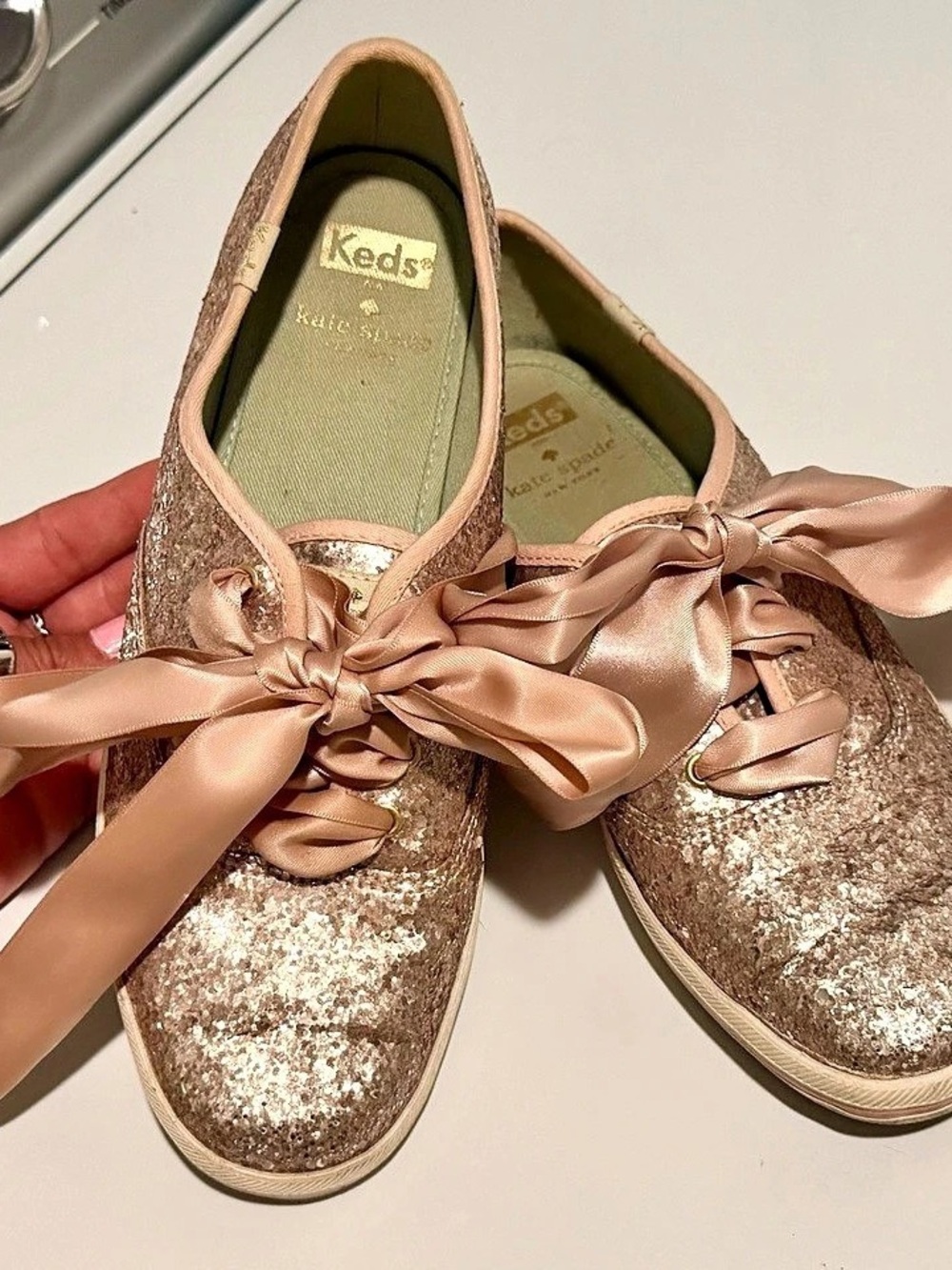 Keds x kate spade Glitter Ribbon Sneakers Rose Gold US 8.5